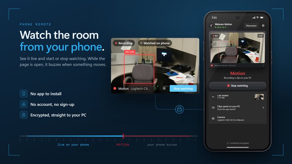 A phone showing the live camera with buttons to start and stop watching