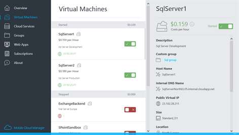 Screenshot: Keep an eye on all your VMs and sort them by status or location and inspect VM details