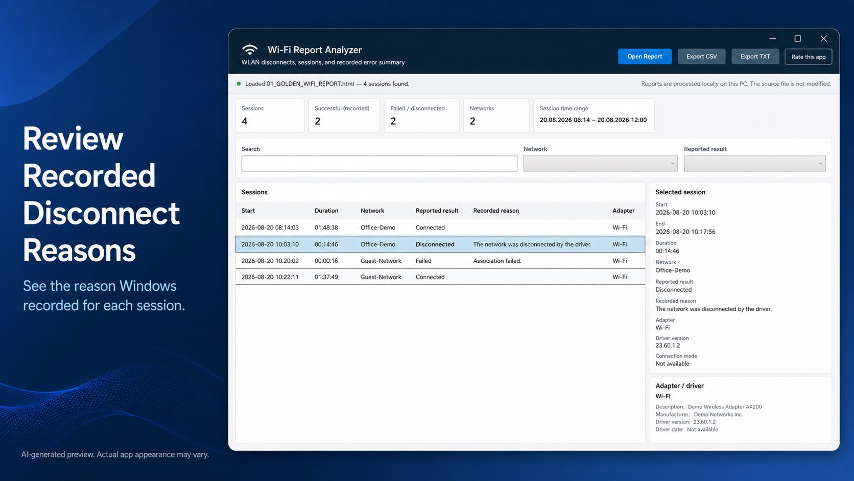 Wi-Fi Report Analyzer – WLAN Disconnects, Sessions & Error Summary screenshot