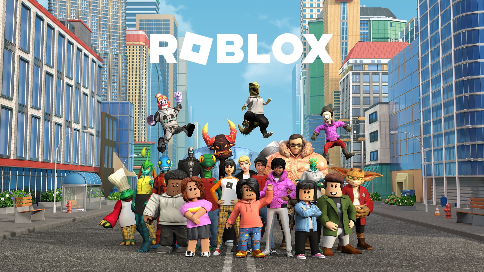 这张图片展示了多个不同造型的Roblox游戏角色立于城市街道上，背景是高楼大厦，图中顶部有“ROBLOX”字样。