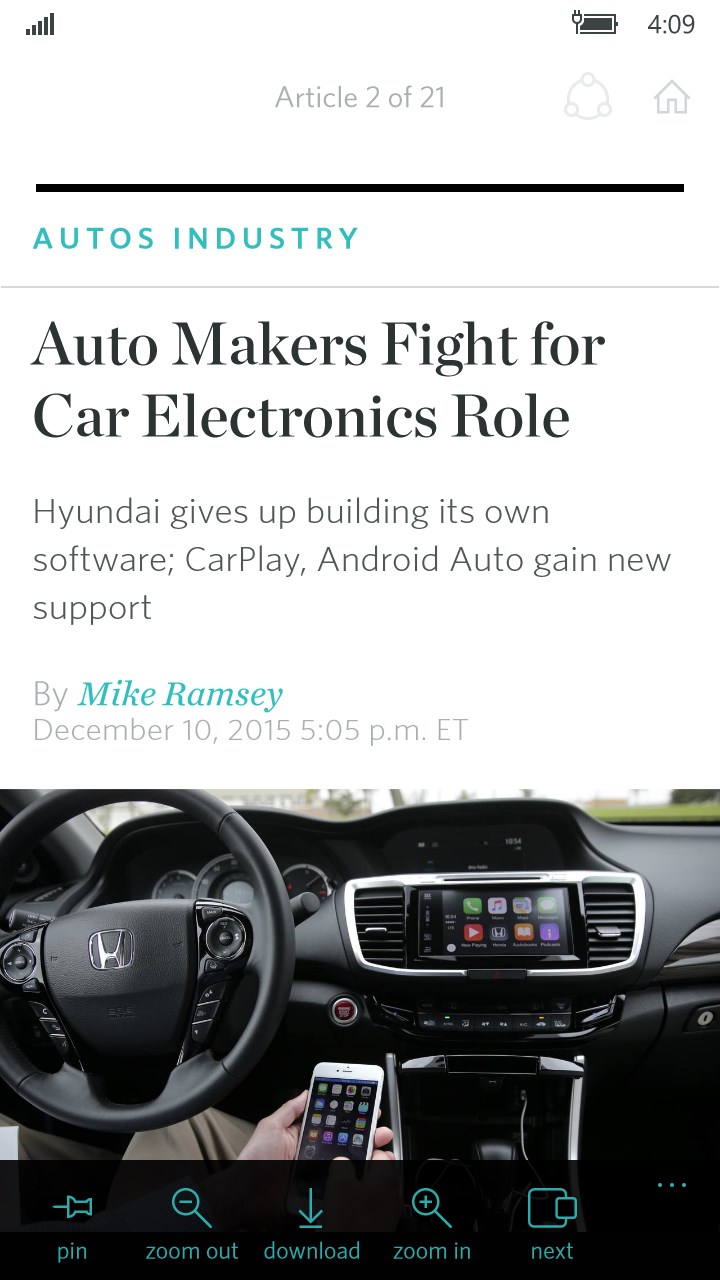 Screenshot: Article view - abilities to pin, zoom, download, and go to next article