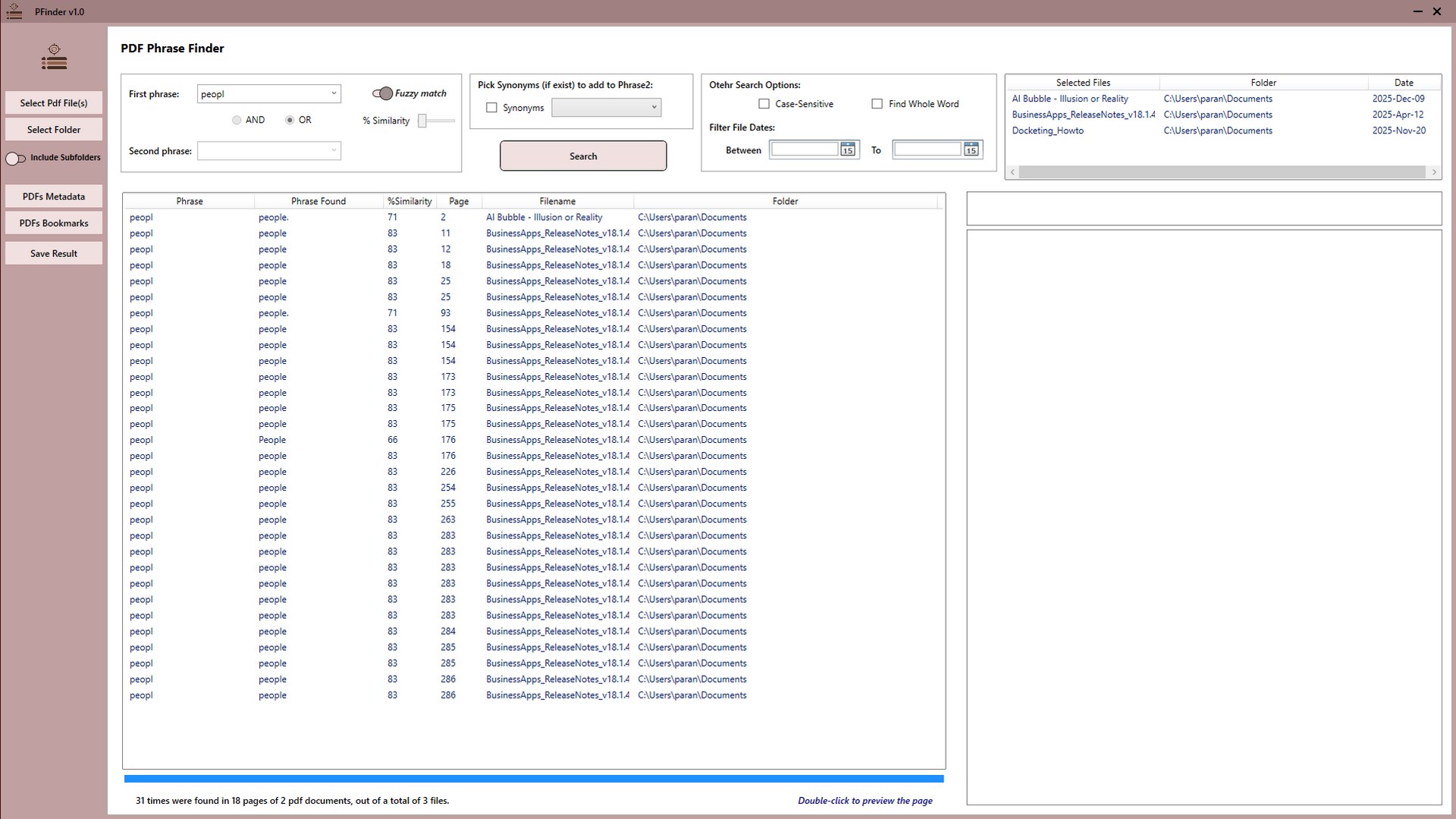 PFinder on Windows using fuzzy matching to find variant spellings of a name across a set of PDF documents.
