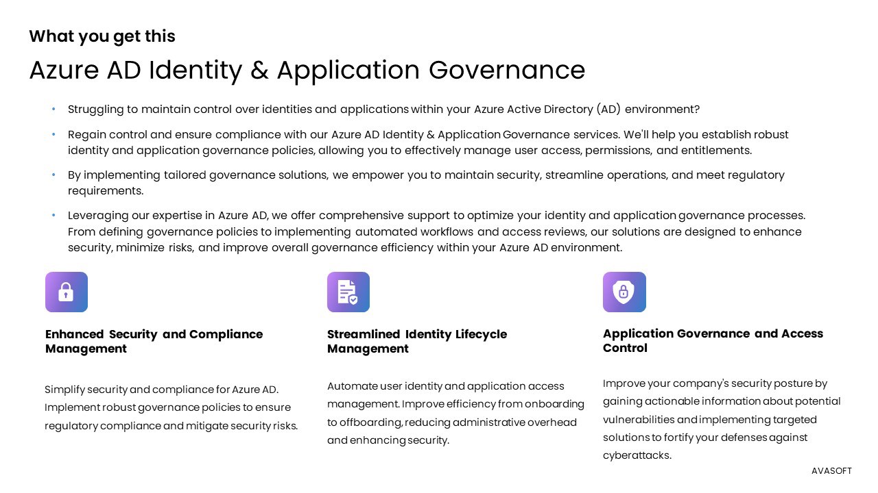 Snapshot 1 of Entra ID Identity and Application Governance Solutions by AVASOFT