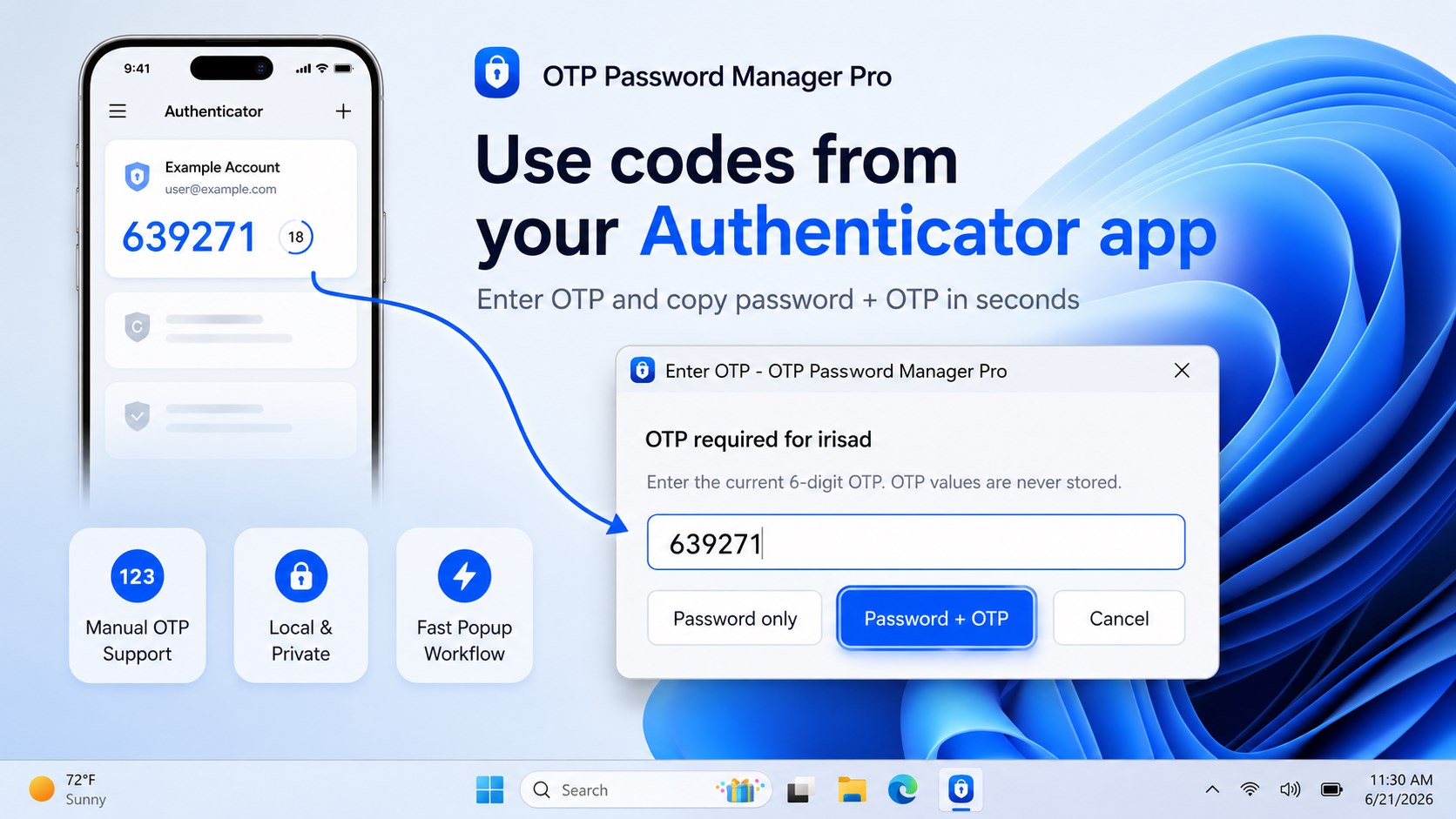 OTP Password Manager Pro mini panel for quick code access