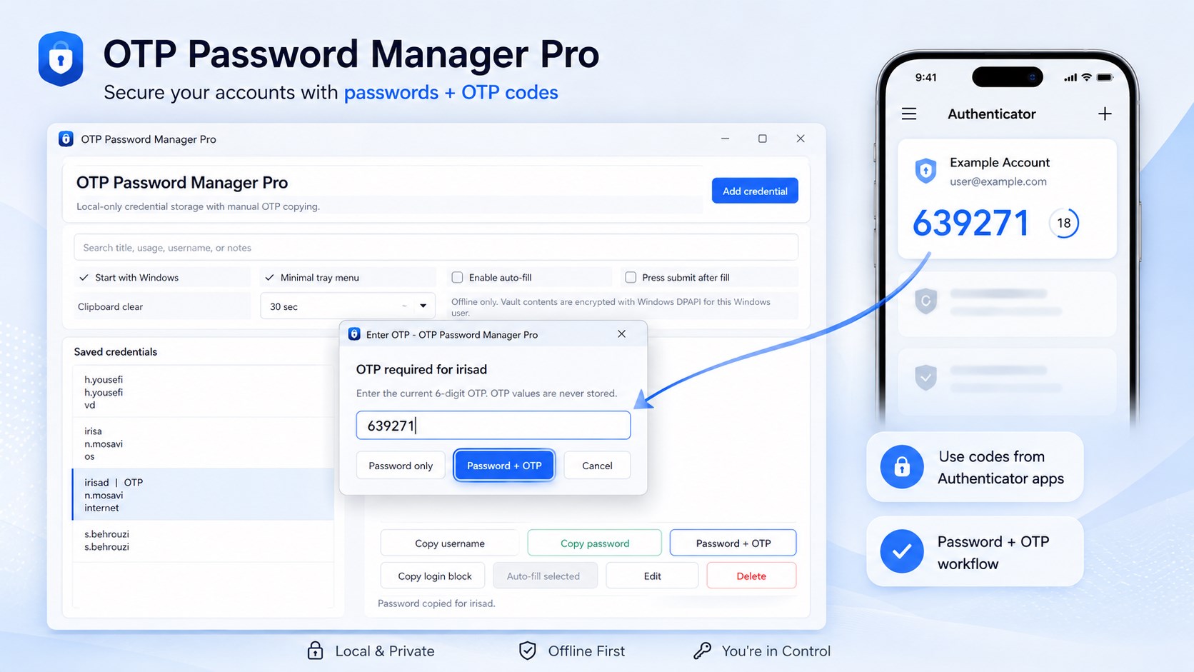 OTP Password Manager Pro account list and one-time password workspace