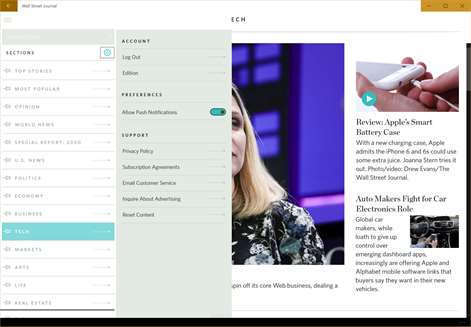 Screenshot: Section menu and settings complete with ability to pin *any* section, enable/disable push notifications for breaking news, and change your edition