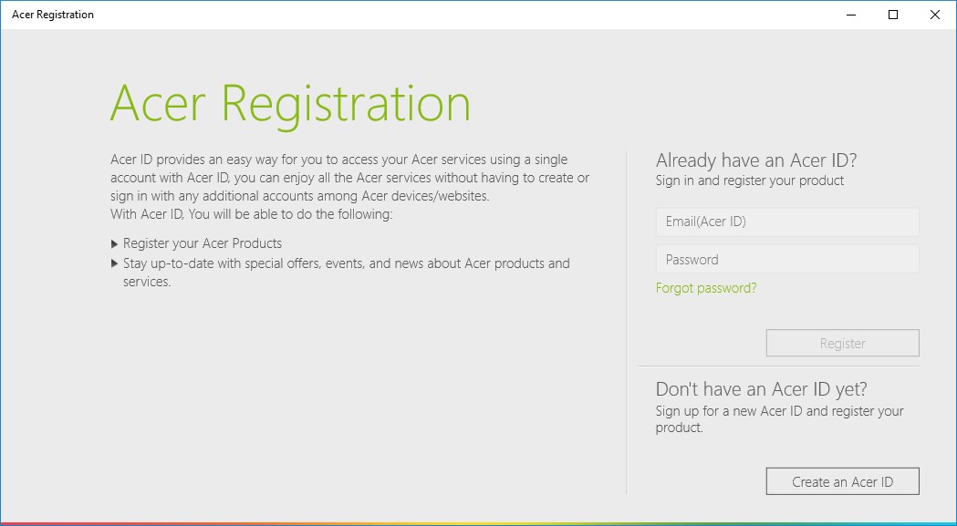 Acer Registration for Windows 10