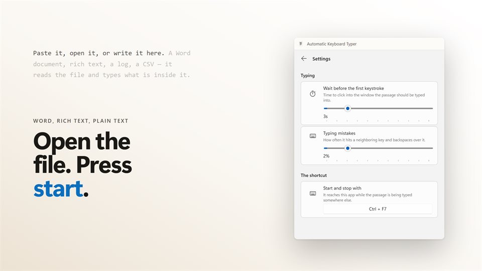 A Word document opened in Automatic Keyboard Typer, ready to type