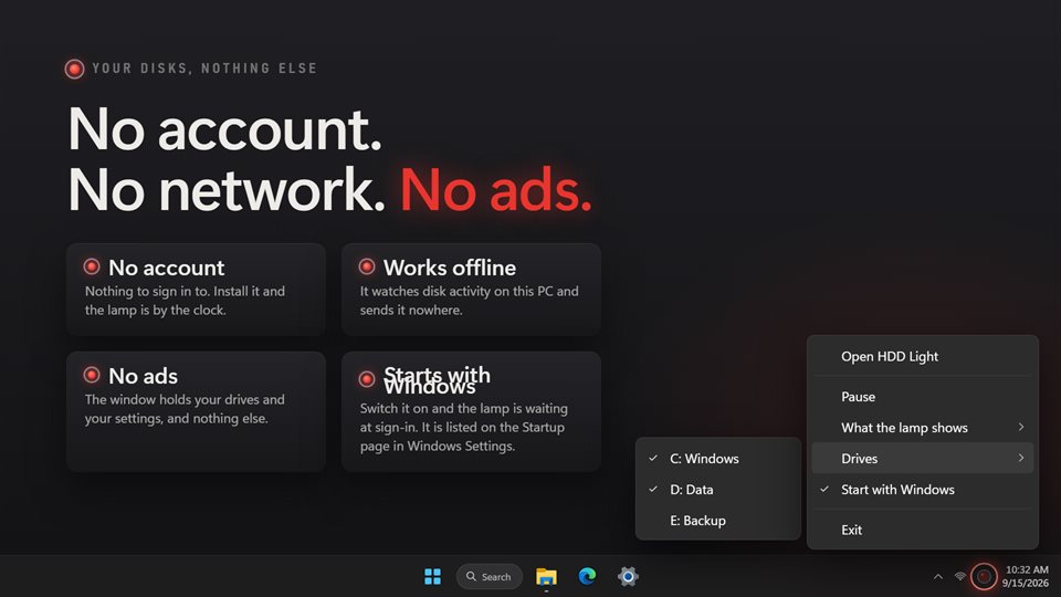 The notification area menu with Pause, What the lamp shows, Drives and Start with Windows