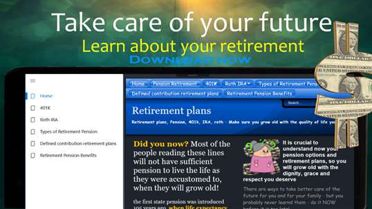 Pension and Retirement plans - free guide - 401k IRA roth screenshot 1