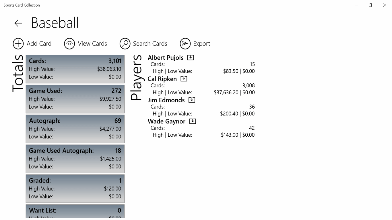 Sports Card Collection for Windows 10
