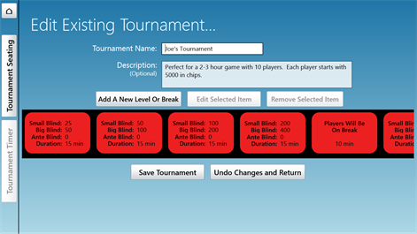 Screenshot: Tournament editor.  Create your blind levels and breaks here.