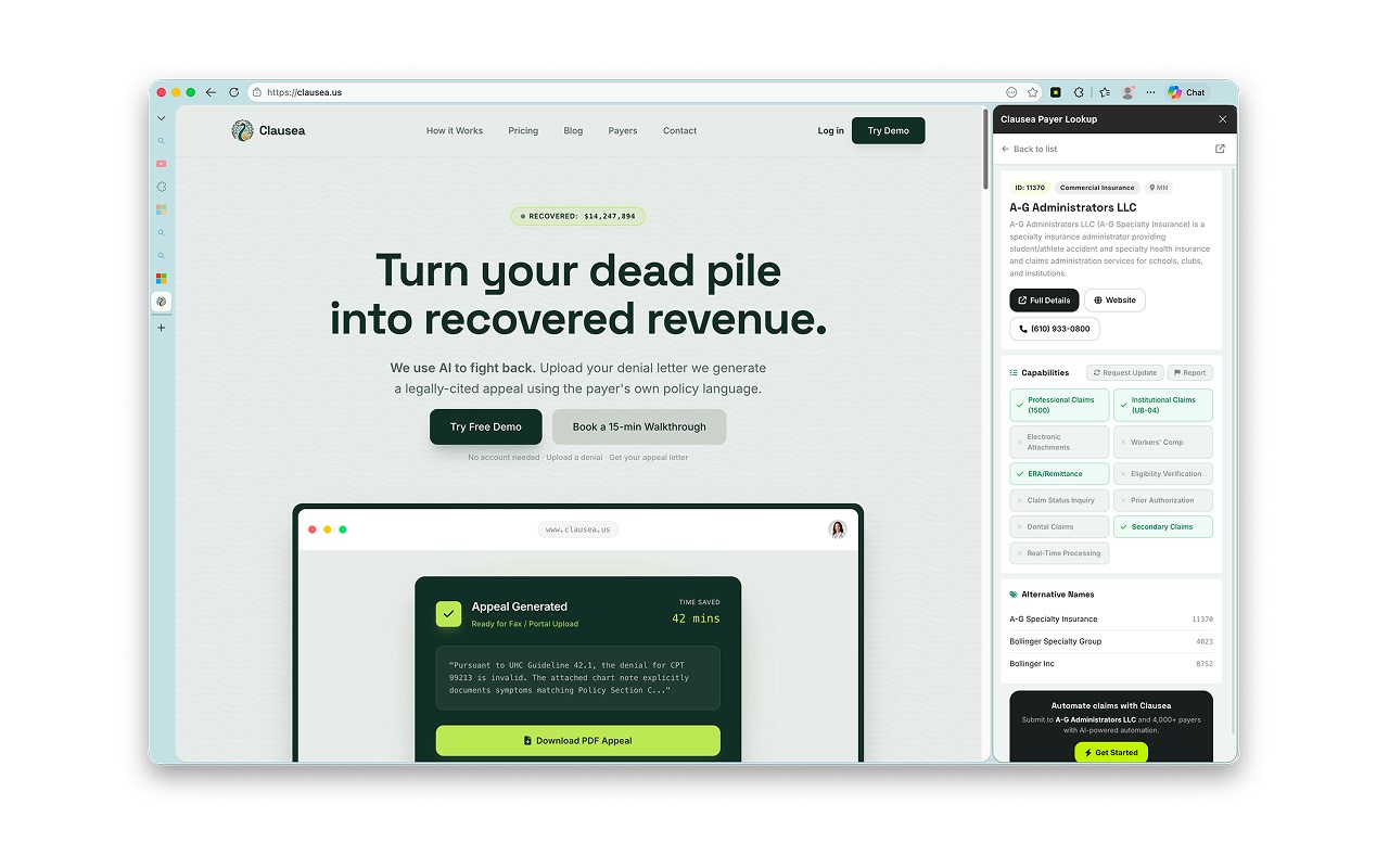 Clausea Payer Lookup extension in the Edge side panel