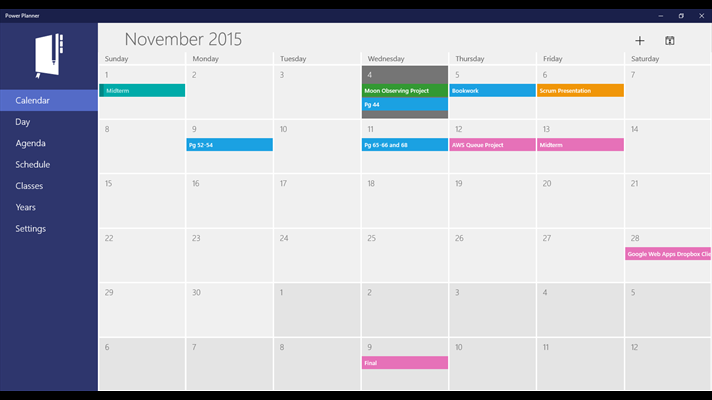 Screenshot: Calendar view displaying homework and exams