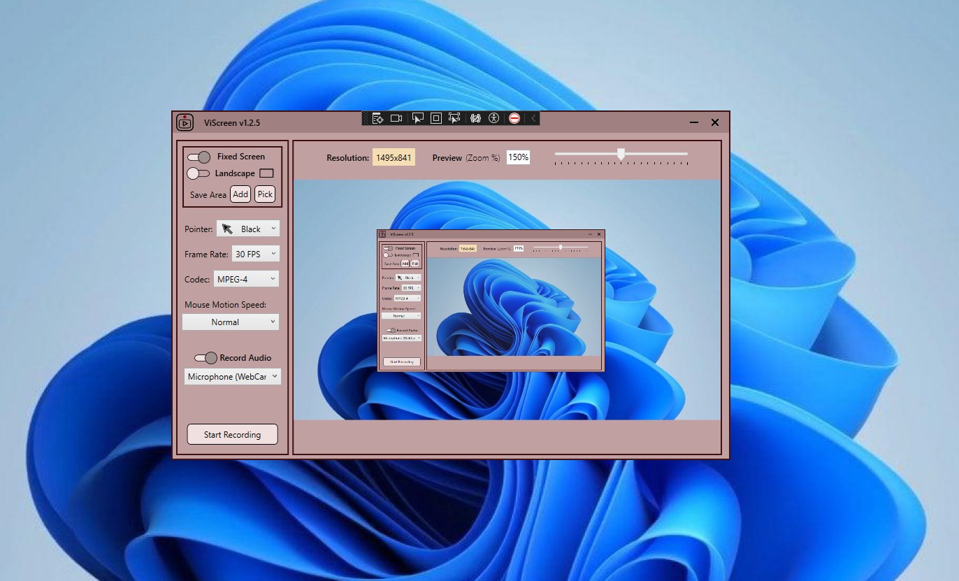 ViScreen on Windows in floating mouse mode, recording a zoomed region of the screen that follows the mouse cursor as it moves.