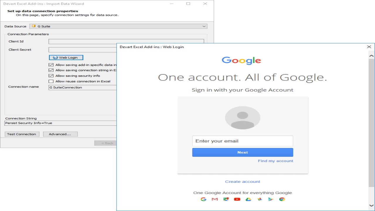 Snapshot 1 of Devart Connector for Google Workspace from Excel