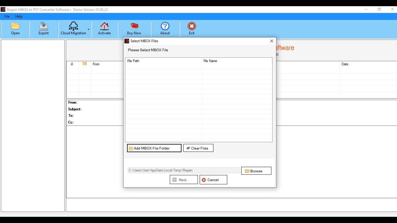 Snapshot 1 of Regain for MBOX to IMAP Migration