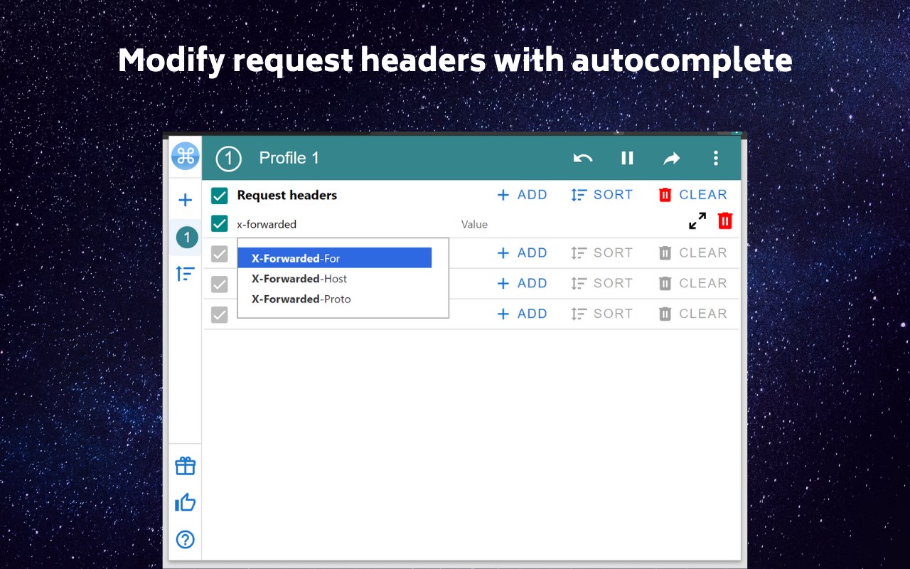 Add modify. MODHEADER Chrome. Request headers. X-forwarded-for header.