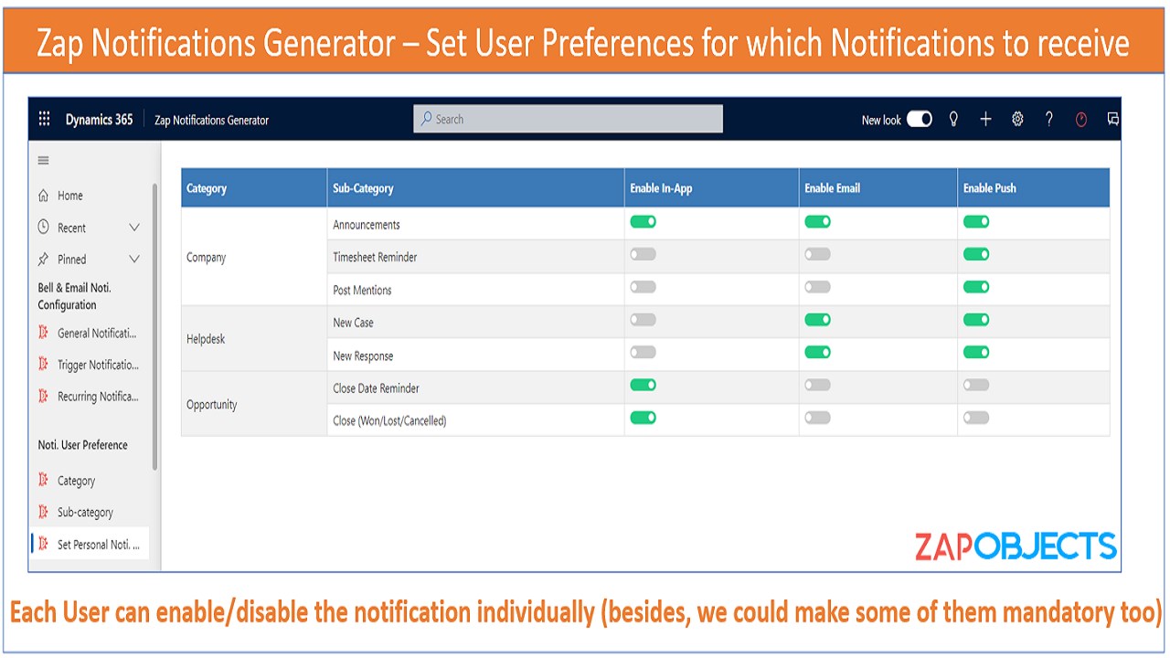 Snapshot 3 of In-App, Push, Email alerts in Dynamics 365 CRM - Zap Notifications Generator