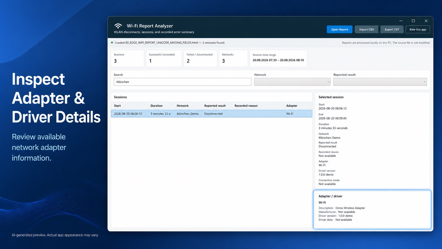 Wi-Fi Report Analyzer – WLAN Disconnects, Sessions & Error Summary screenshot