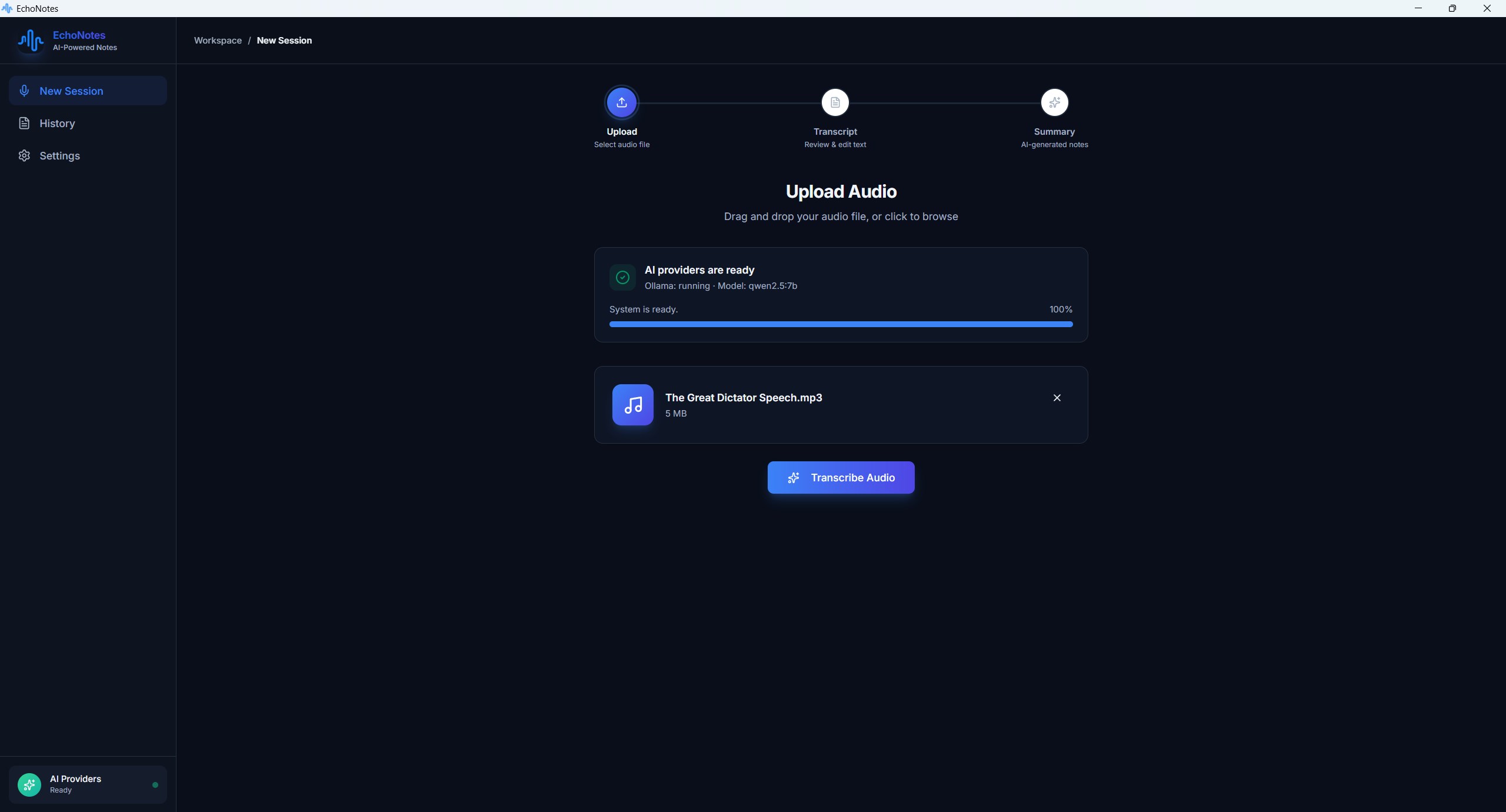 EchoNotes transcript screen