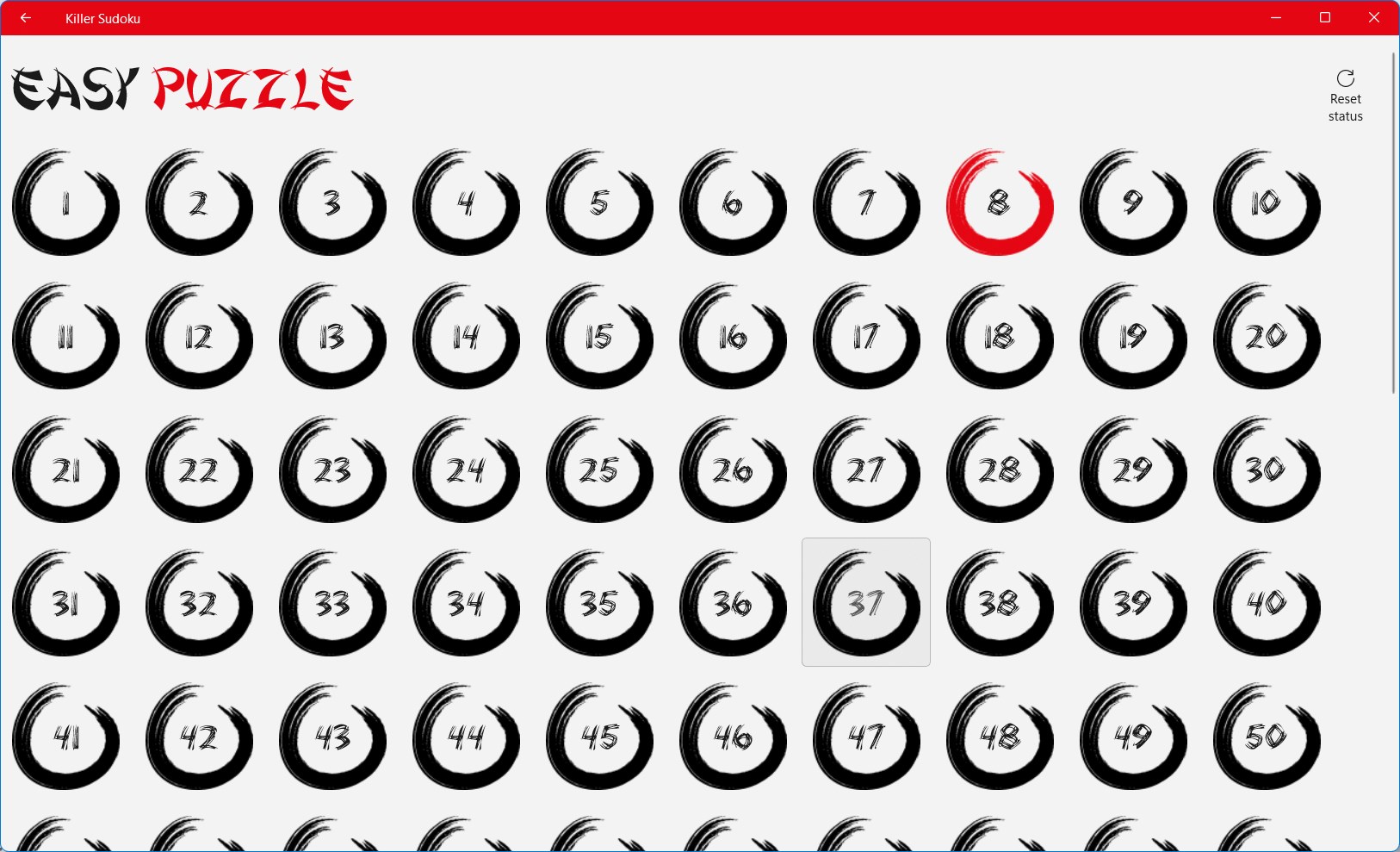 Select your puzzle you want to play. Reds are started but not completed. Light grays are completed.