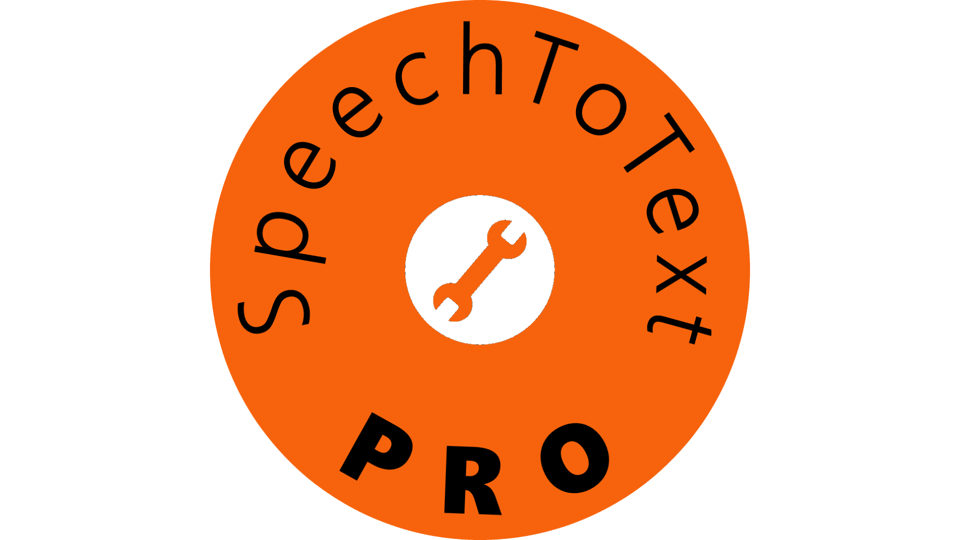  An orange circle with the words 'Speech to Text Pro' written inside in a black circle in the center and 'Speech to Text' written inside the outer circle.