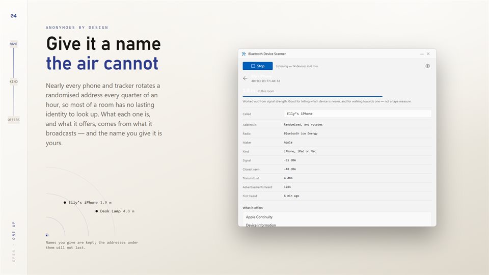 A device page with a custom name, maker Apple, signal in dBm, transmit power and the services it offers