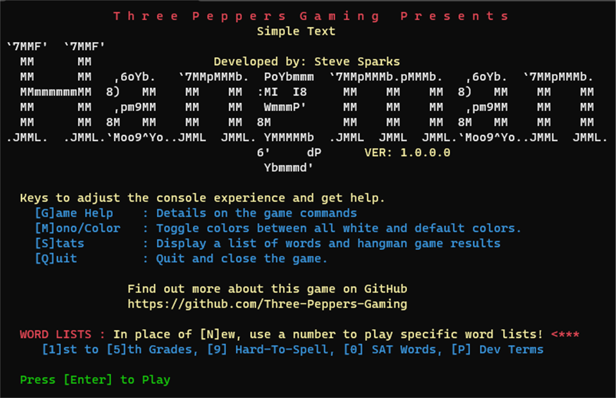 #1. Simple Text Hangman (Windows) بواسطة: Three Peppers Gaming