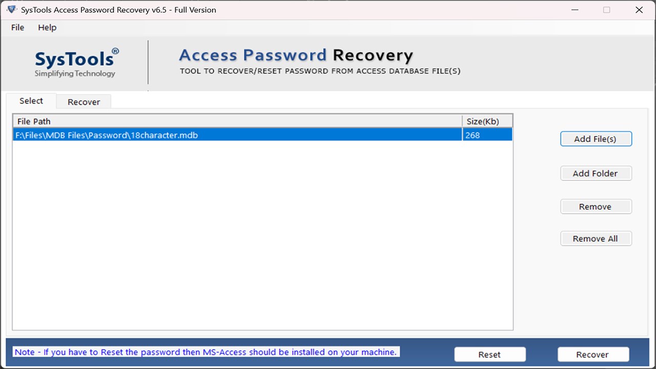 Snapshot 2 of SysTools Access Password Recovery