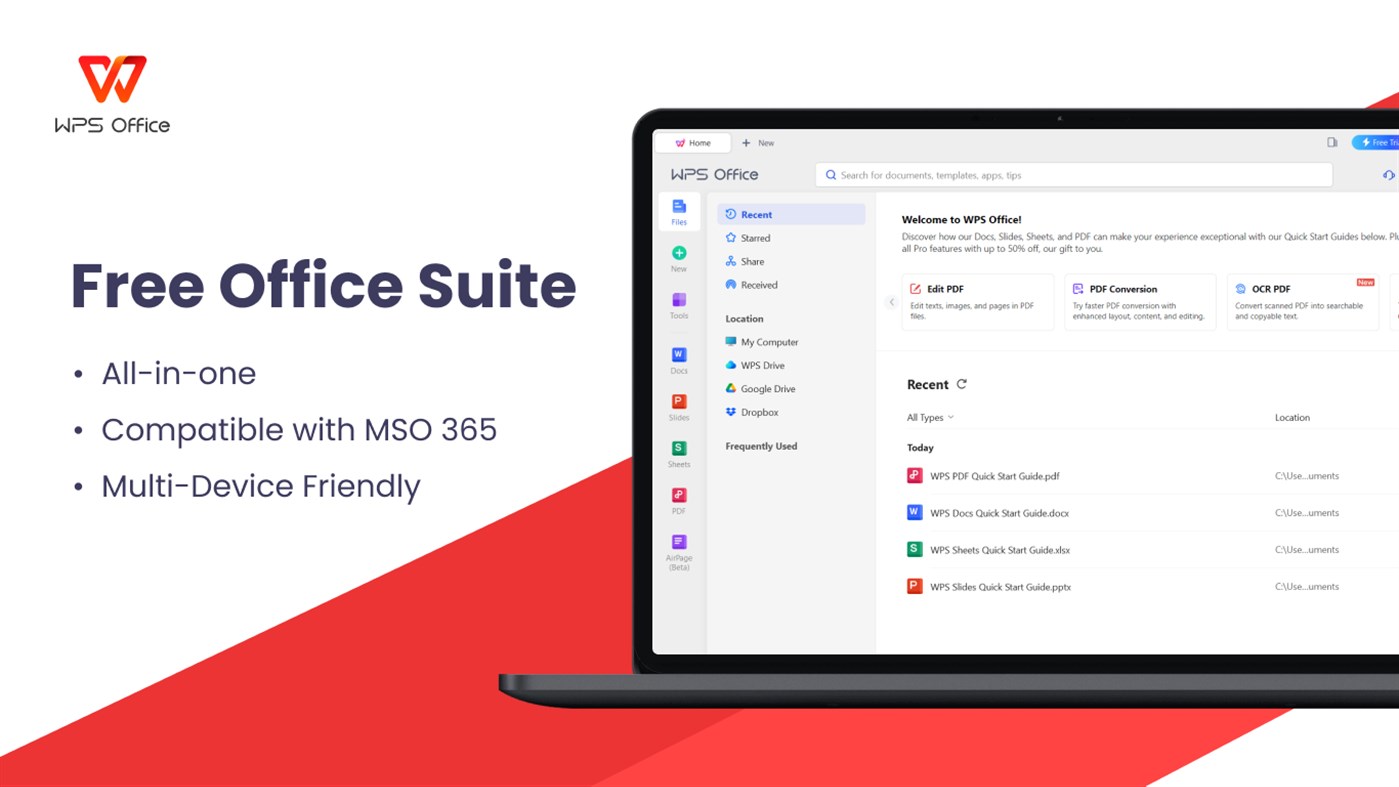 #1. WPS Office - PDF, Docs, Spreadsheet, Slide View & Edit (UWP) (Windows) 게시자: Kingsoft Office Software Corporation Limited
