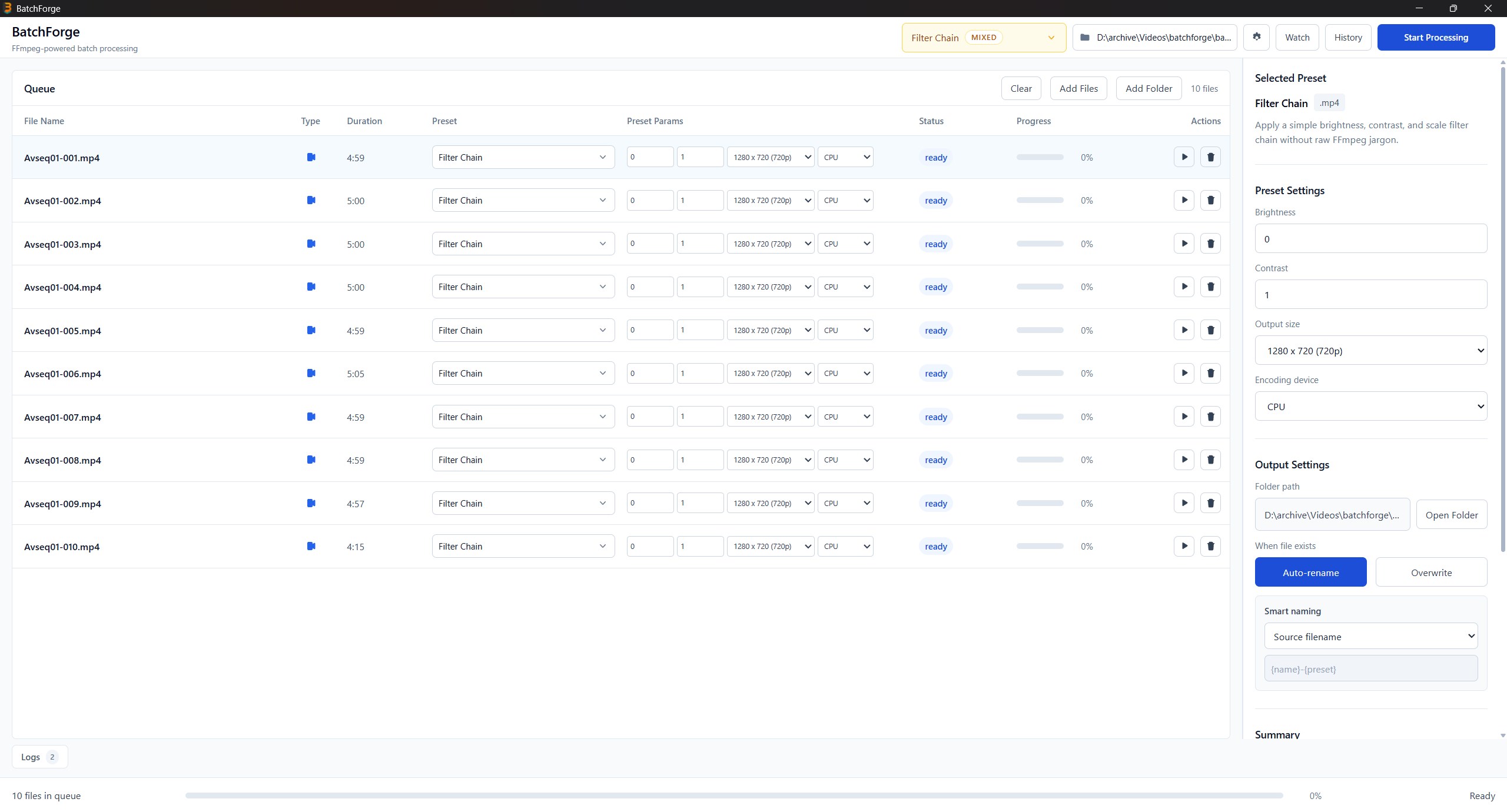 BatchForge media processing screen