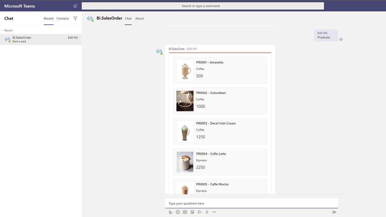 Snapshot 1 of Microsoft Teams chat bot App: 1-Wk Implementation