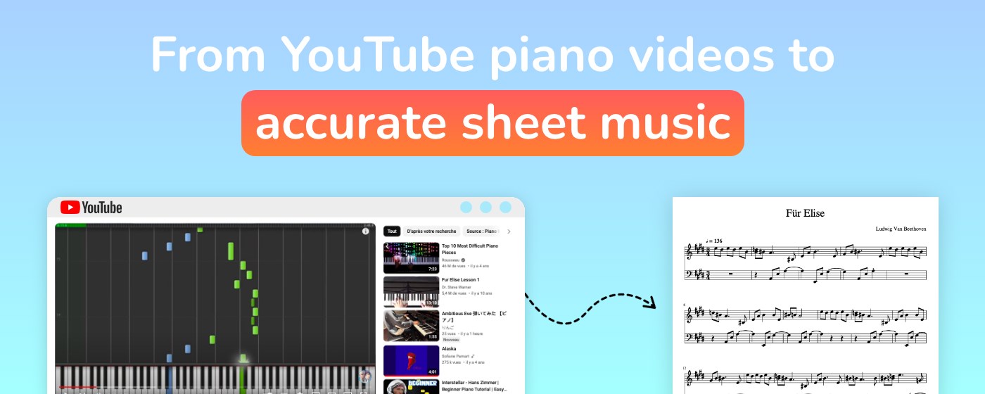 PianoConvert - From YouTube piano videos to sheet music marquee promo image