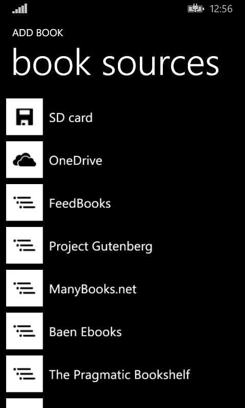 Various book sources: SD card, OneDrive, Project Gutenberg, etc.