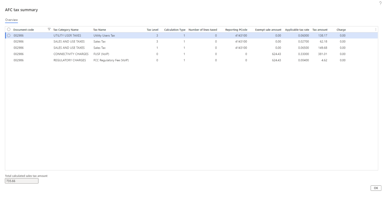 Snapshot 1 of Avalara for Communications for Dynamics 365 Finance