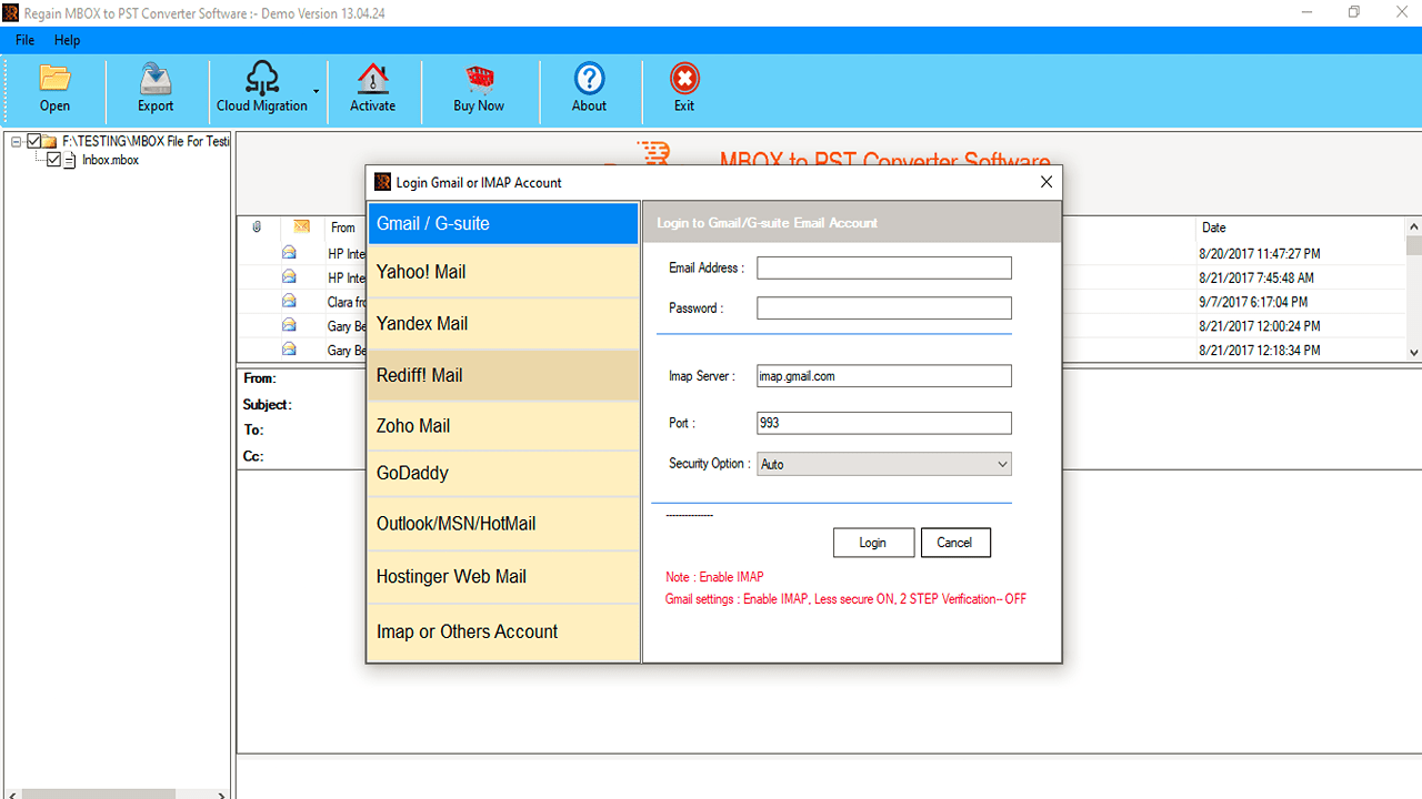 Snapshot 4 of Regain for MBOX to IMAP Migration