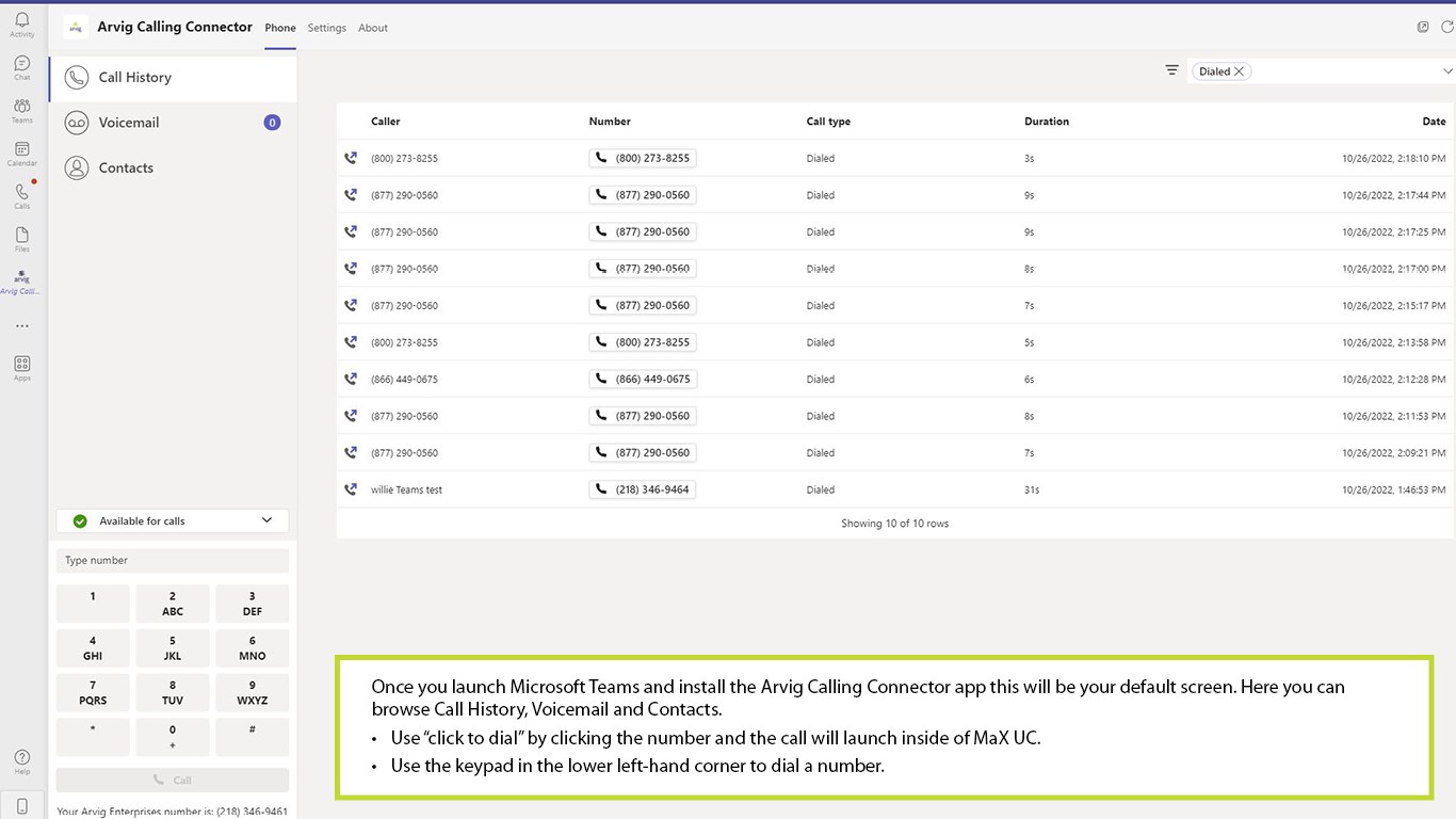 Snapshot 1 of Arvig Calling Connector