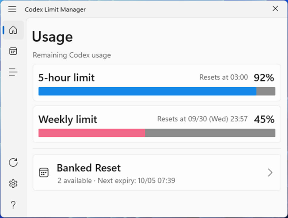 Codex Limit Manager (Windows) От: Tomoya Ogawa