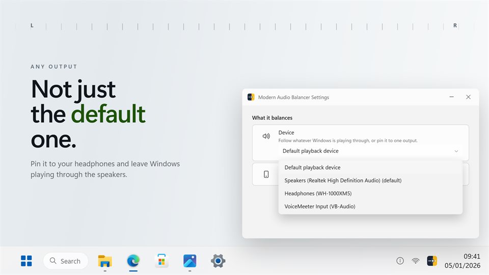 The settings page with the output device list