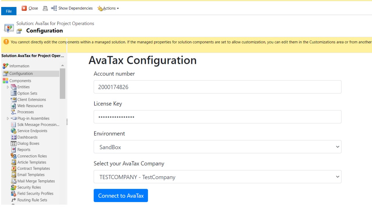 Snapshot 1 of Avalara for Dynamics 365 Project Operations