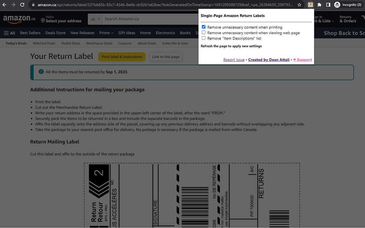 Single-Page Amazon Return Labels