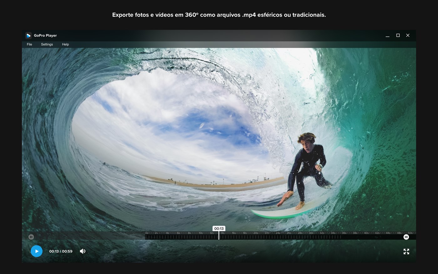 Exporte fotos e videos 360º como arquivos .mp4 esféricos ou tradicionais no GoPro Player.