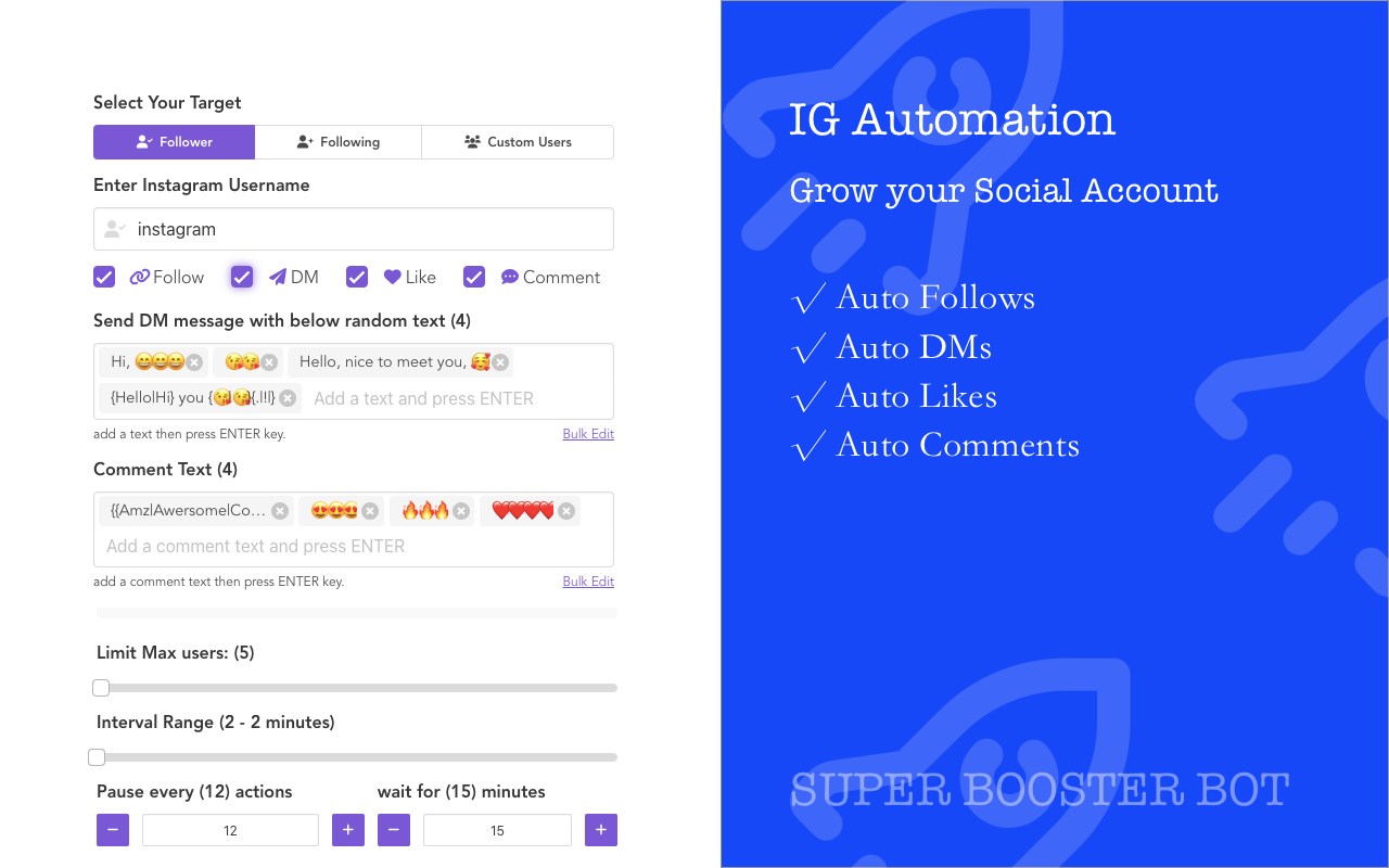 IG Booster bot - auto follow/like/DM