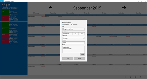 Mani Calendar Budget Screenshots 2