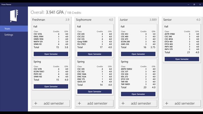Screenshot: View your years/semesters and total GPA/credits