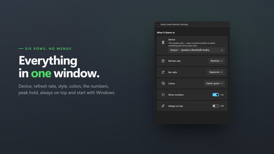 The settings window: device, refresh rate, bar style, colors, numbers and always on top