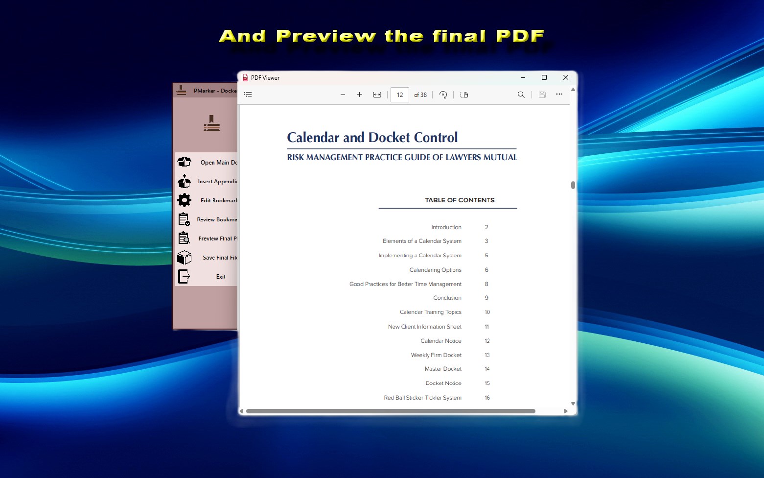PMarker on Windows assembling a main report with several appendix documents, each appearing as a named bookmark in the combined PDF.