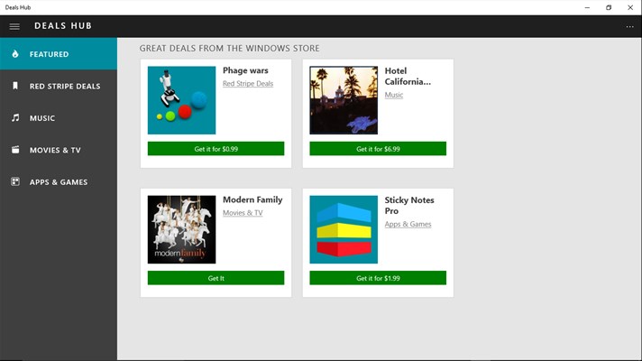 Screenshot: Great deals from Windows Store for apps, games, music, movies and TV shows