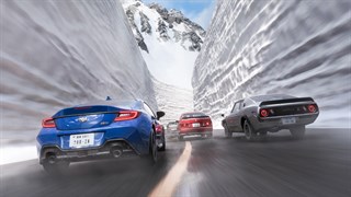 Three cars racing through snow